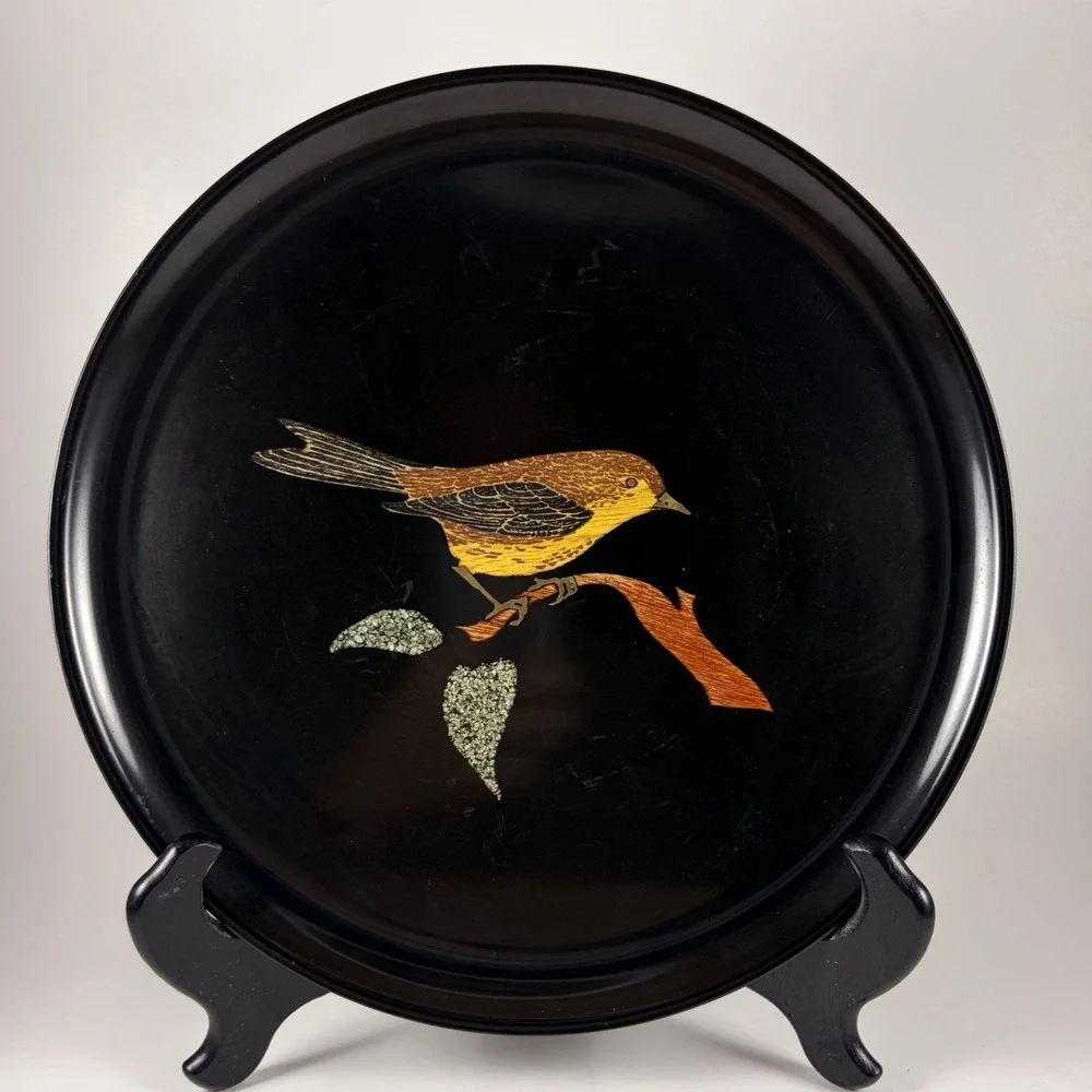 Vintage Couroc of Monterey Bird Wood Inlay Round Tray Black Mid Century MCM